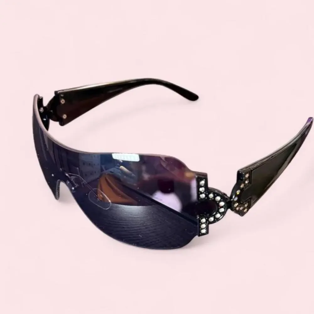 Unisec black oversized shield sunglasses with rhinestone Y2k mcbling glam cyber